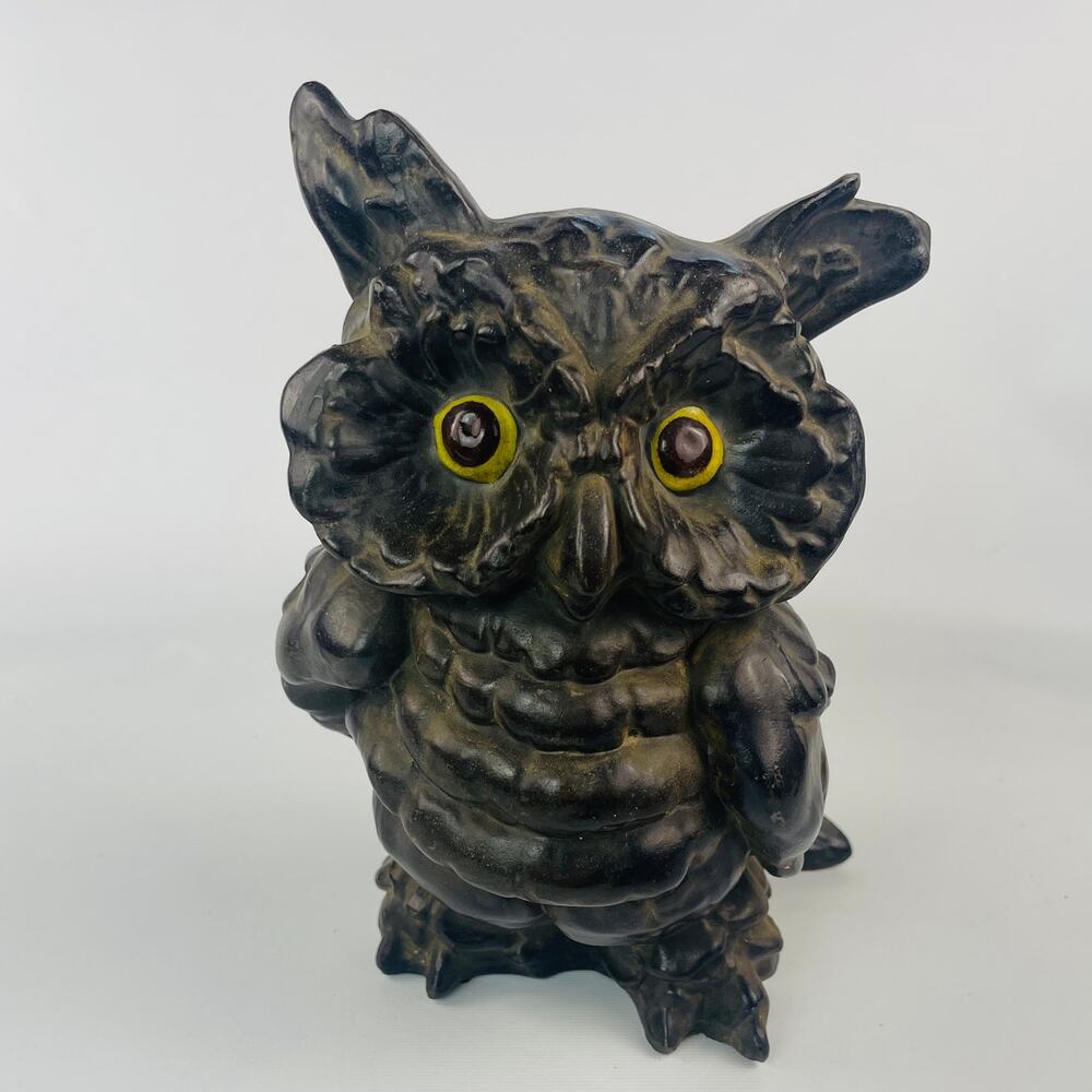 Great Horned Owl MCM Figurine 8 1/2” Black/Antique Gold Freeman McFarlin 815 USA